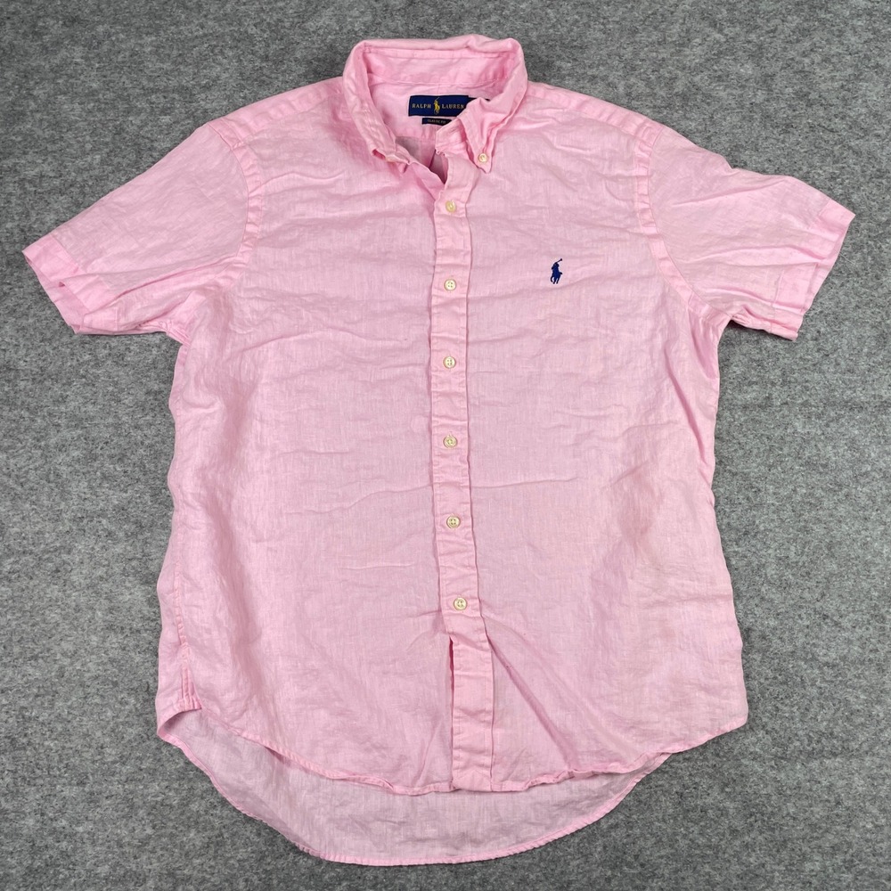 Ralph Lauren  100% Linen Shirt Mens M Pink Classic Fit Short Sleeve Button Down